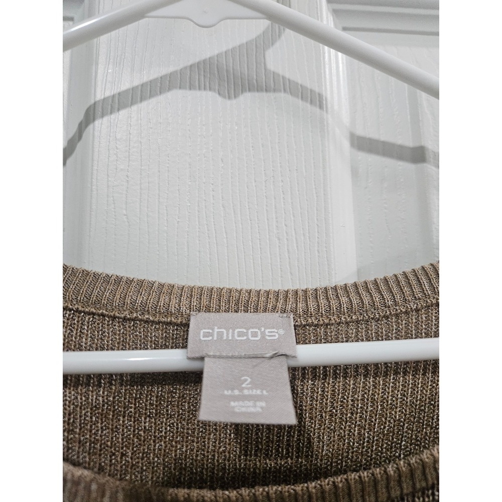 Chicos Metallic Knit Knot Front Sweater Taupe Bronze Shimmer Pullover Size 2 L - Picture 3 of 5